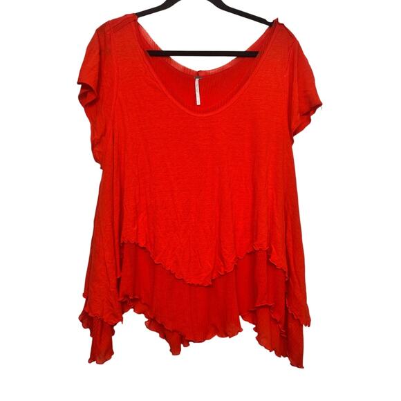 Free People Layered Red Asymmetrical Hem Tee M Boho Festival Top Flowy Tunic - Picture 1 of 6